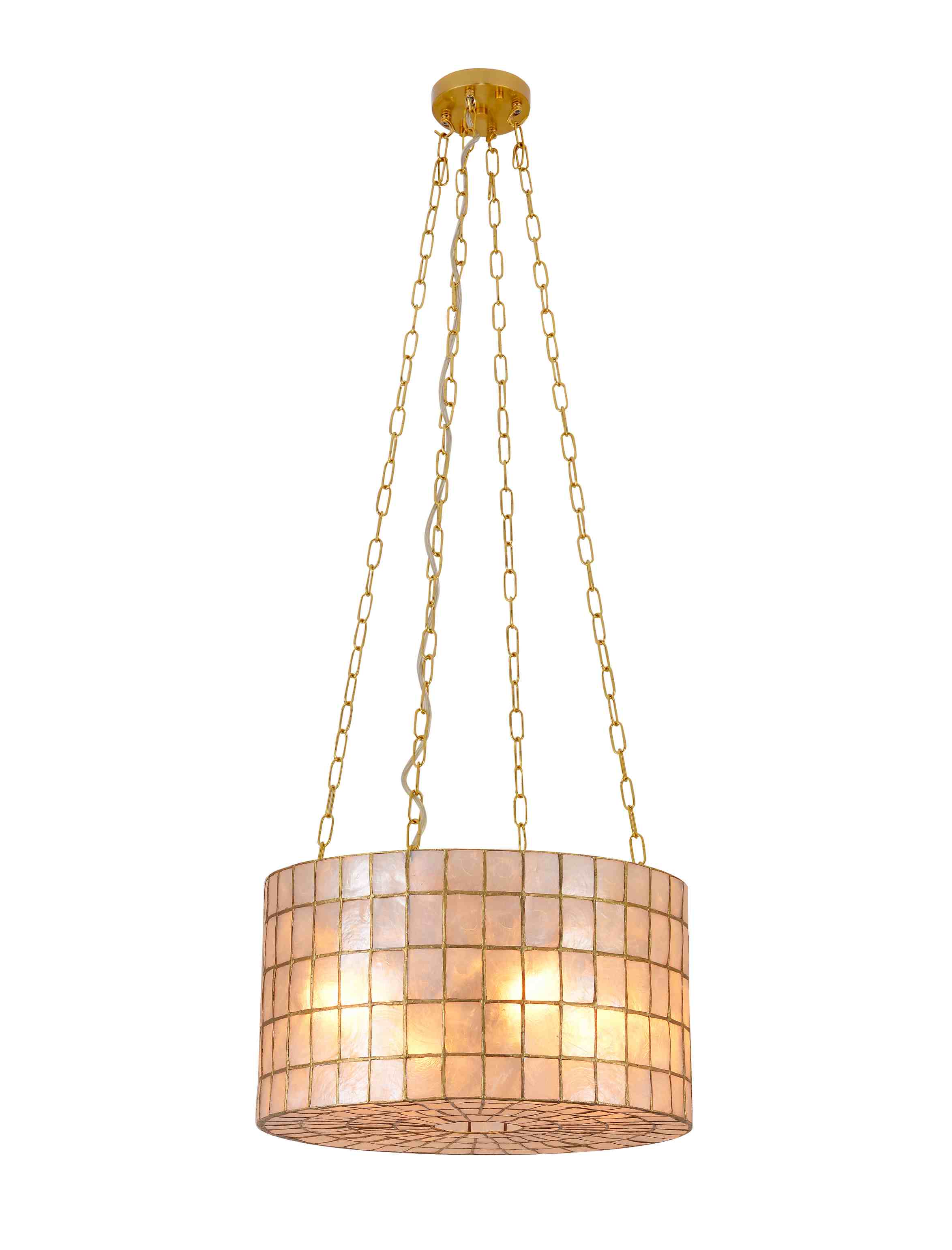Lustre tambour en coquillage Capiz avec chaînes dorées