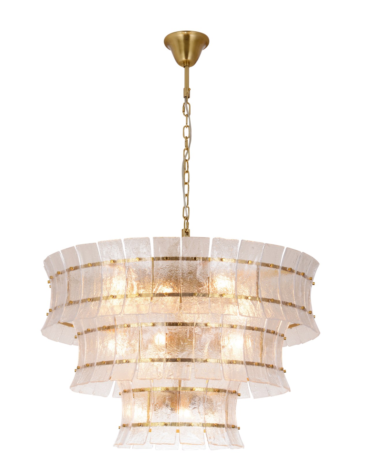 Lustre en laiton et verre texturé martelé à trois niveaux