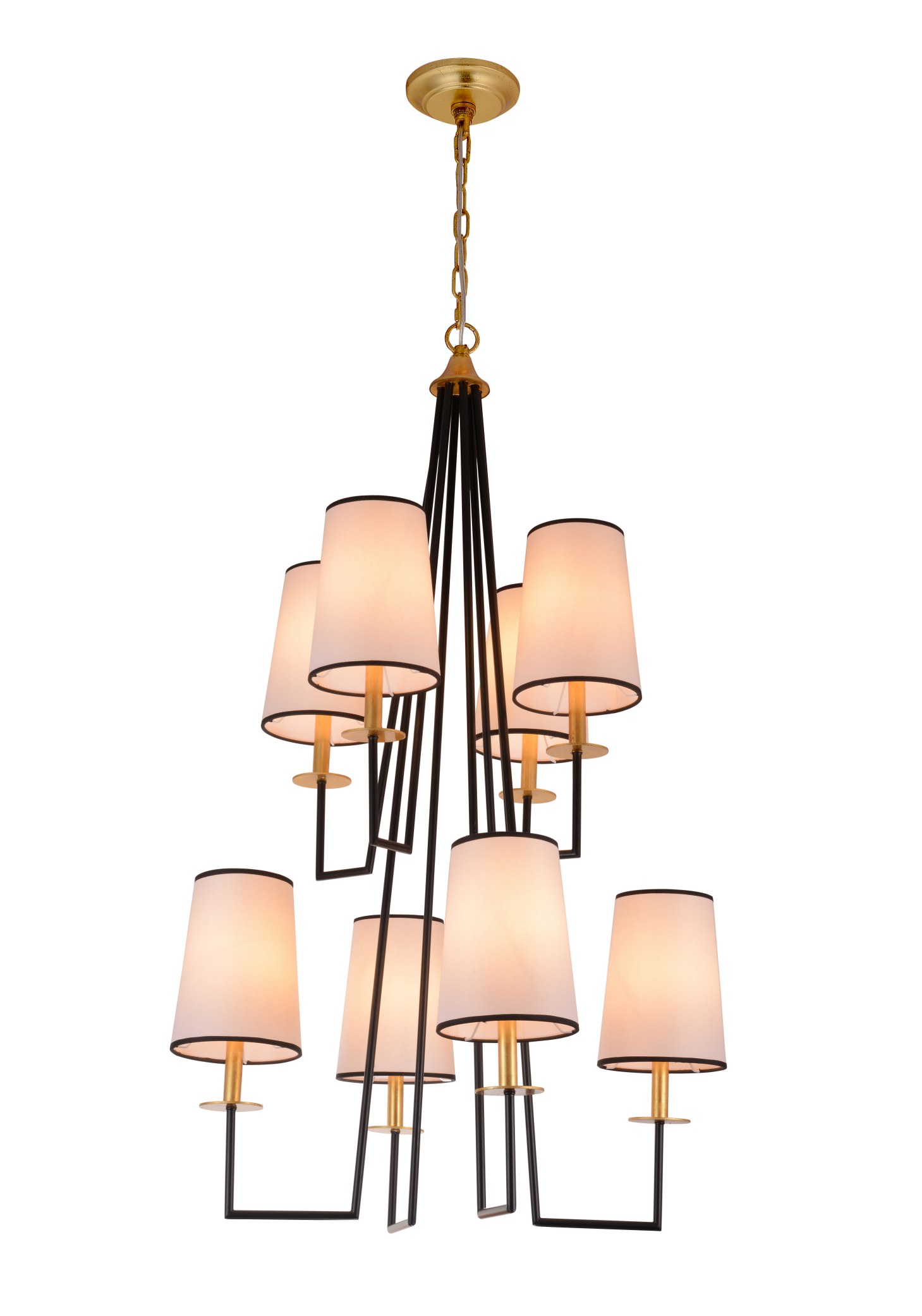 Lustre géométrique en tissu doré noir à 8 niveaux à plusieurs niveaux