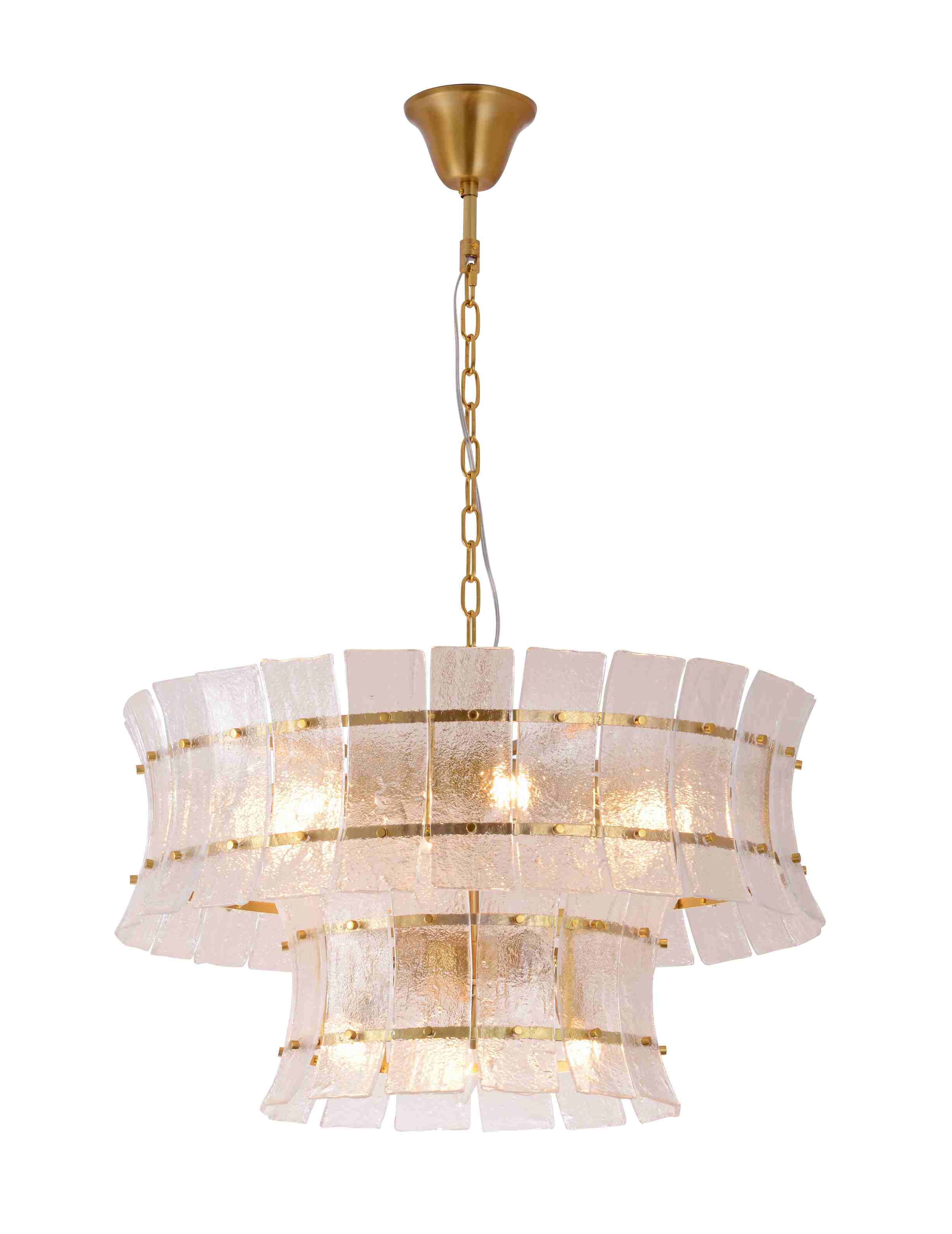 Lustre en laiton et verre texturé martelé à deux niveaux